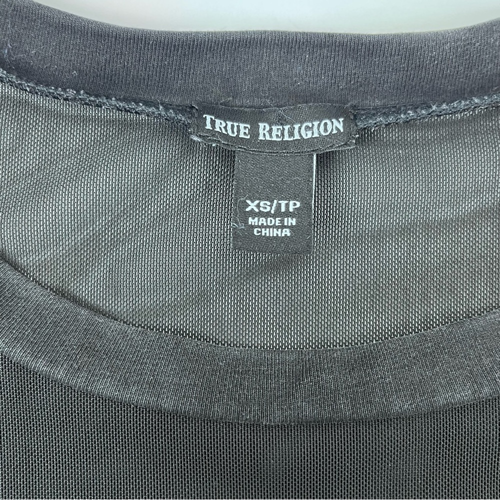True Religion Women's Long Sleeve Black Sheer Spell Out Mesh Panel Top Size XS - Picture 10 of 13